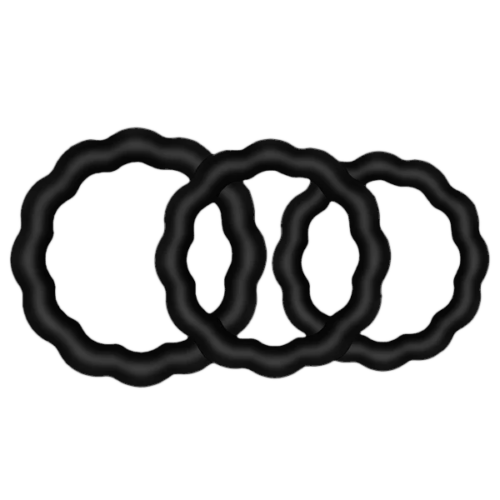 Three black erection rings, of irregular shapes.