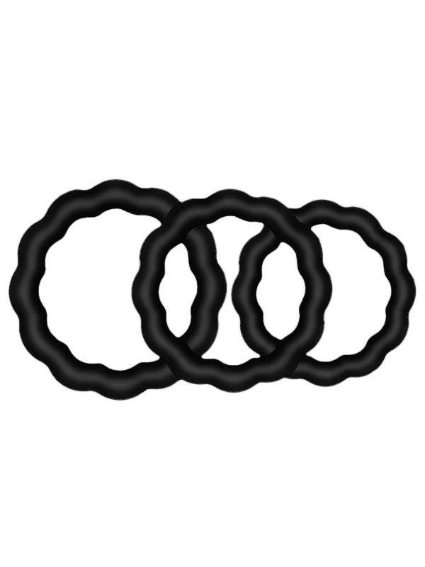 Three black erection rings, of irregular shapes.